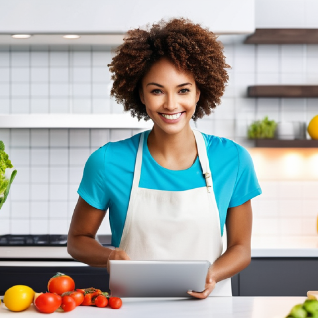 영양사와 온라인 교육 활용법 - **AI-Powered Personalized Meal Planning**: A vibrant, modern kitchen scene where a diverse individua...