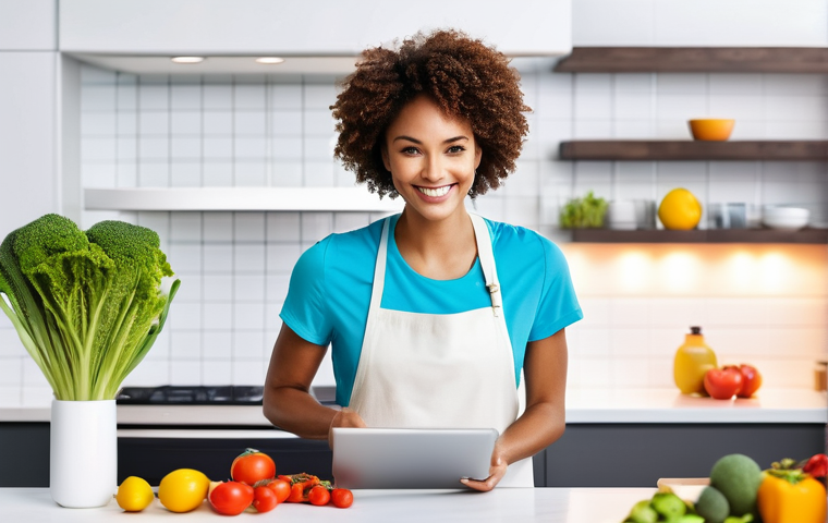 영양사와 온라인 교육 활용법 - **AI-Powered Personalized Meal Planning**: A vibrant, modern kitchen scene where a diverse individua...