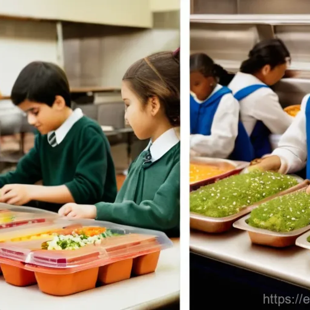 영양사와 급식 산업의 변화 - **"A vibrant and contrasting diptych image depicting the evolution of school lunches. On the left si...