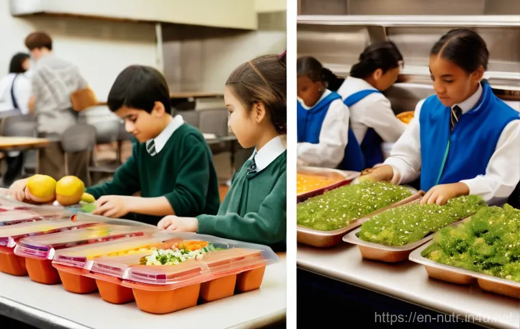 영양사와 급식 산업의 변화 - **"A vibrant and contrasting diptych image depicting the evolution of school lunches. On the left si...