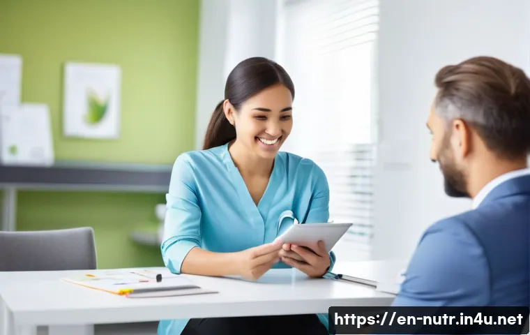 영양사 자격증으로 할 수 있는 일 - A warm and professional nutrition counselor sitting across from a diverse adult client in a bright, ...