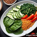영양사와 건강 식품 추천 - A vibrant, detailed illustration of a diverse healthy meal plate showcasing nutrient synergy: colorf...
