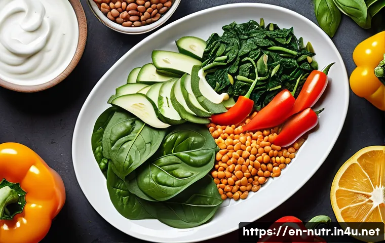 영양사와 건강 식품 추천 - A vibrant, detailed illustration of a diverse healthy meal plate showcasing nutrient synergy: colorf...