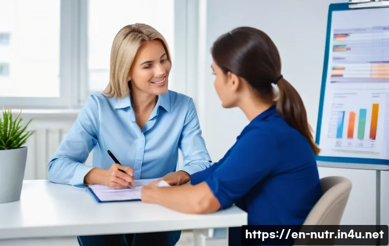영양사 실기시험 꿀팁 - A professional nutritionist in a modern clinical setting attentively conducting a 24-hour dietary re...