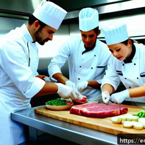 영양사와 식품위생의 관계 - A professional kitchen scene showing a diverse team of chefs and nutritionists collaborating closely...