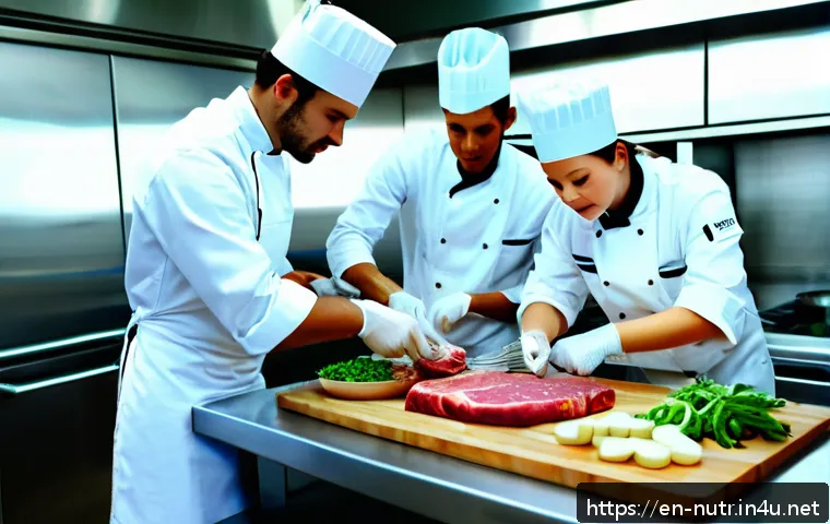 영양사와 식품위생의 관계 - A professional kitchen scene showing a diverse team of chefs and nutritionists collaborating closely...