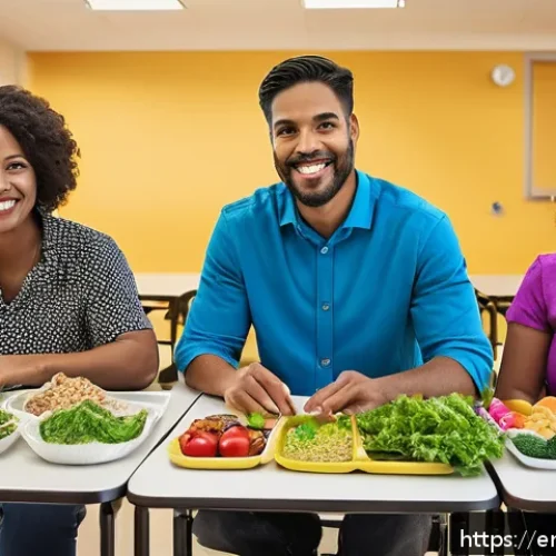 영양사 직업의 사회적 가치 - A diverse group of nutritionists in a modern community center, collaboratively designing a school lu...