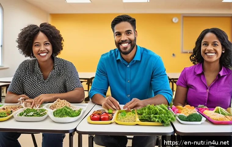 영양사 직업의 사회적 가치 - A diverse group of nutritionists in a modern community center, collaboratively designing a school lu...