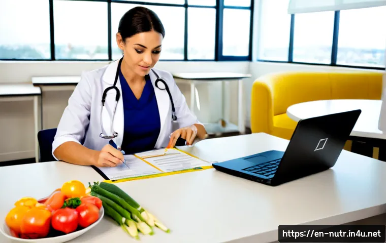 Home 17 영양사 국가 자격증 업데이트 정보 - Photorealistic professional dietitian in a bright modern American healthcare office, reviewing a fre...