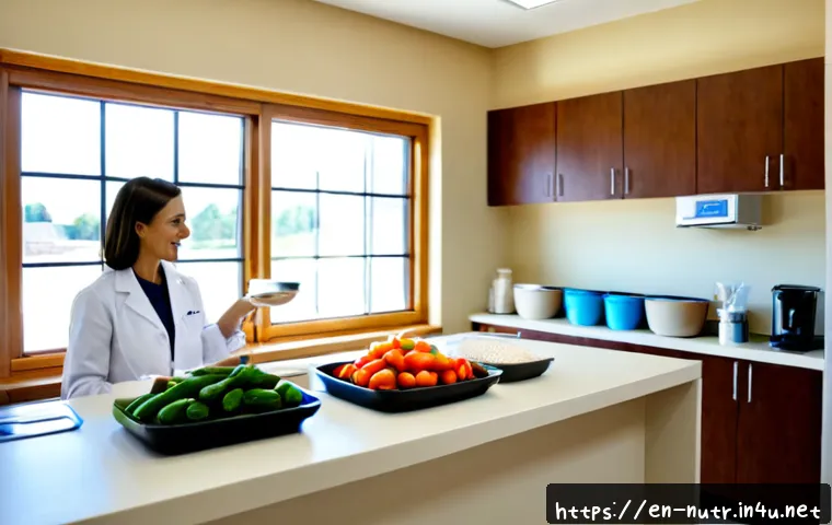 Home 17 영양사 직업의 장단점 - Photorealistic editorial lifestyle scene of a registered dietitian in a bright modern community clin...